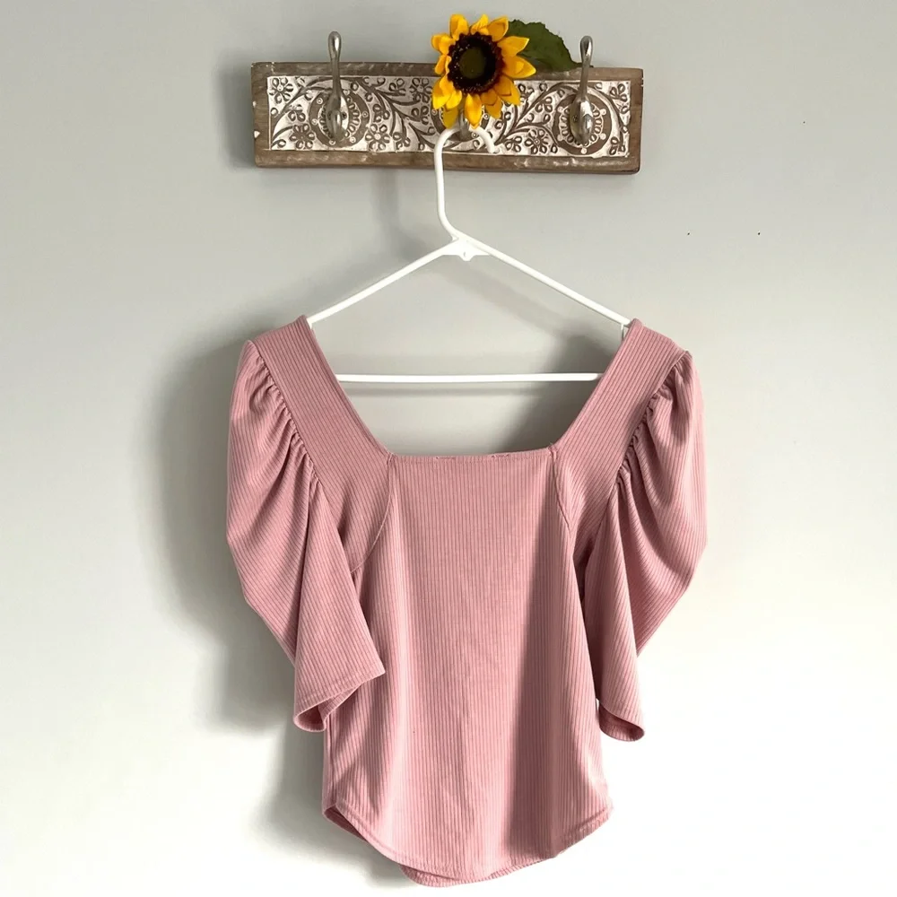 FREE PEOPLE Night Lily Ribbed Puff Sleeve Top - Pale Mauve - Size Small - NWT